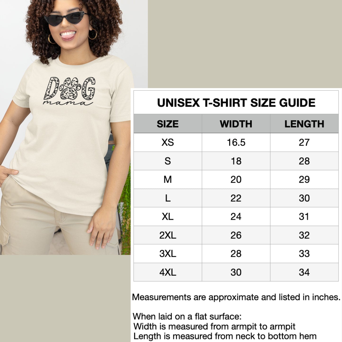 T-shirt size chart showing width and length for each size of shirt from XS to 4XL