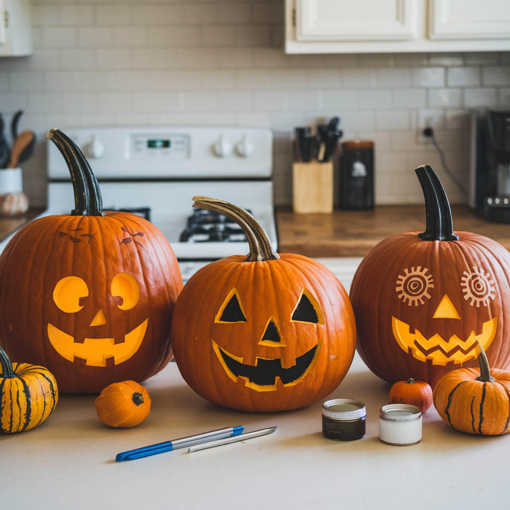 Pumpkins carved and painted sitting on a kitchen counter 