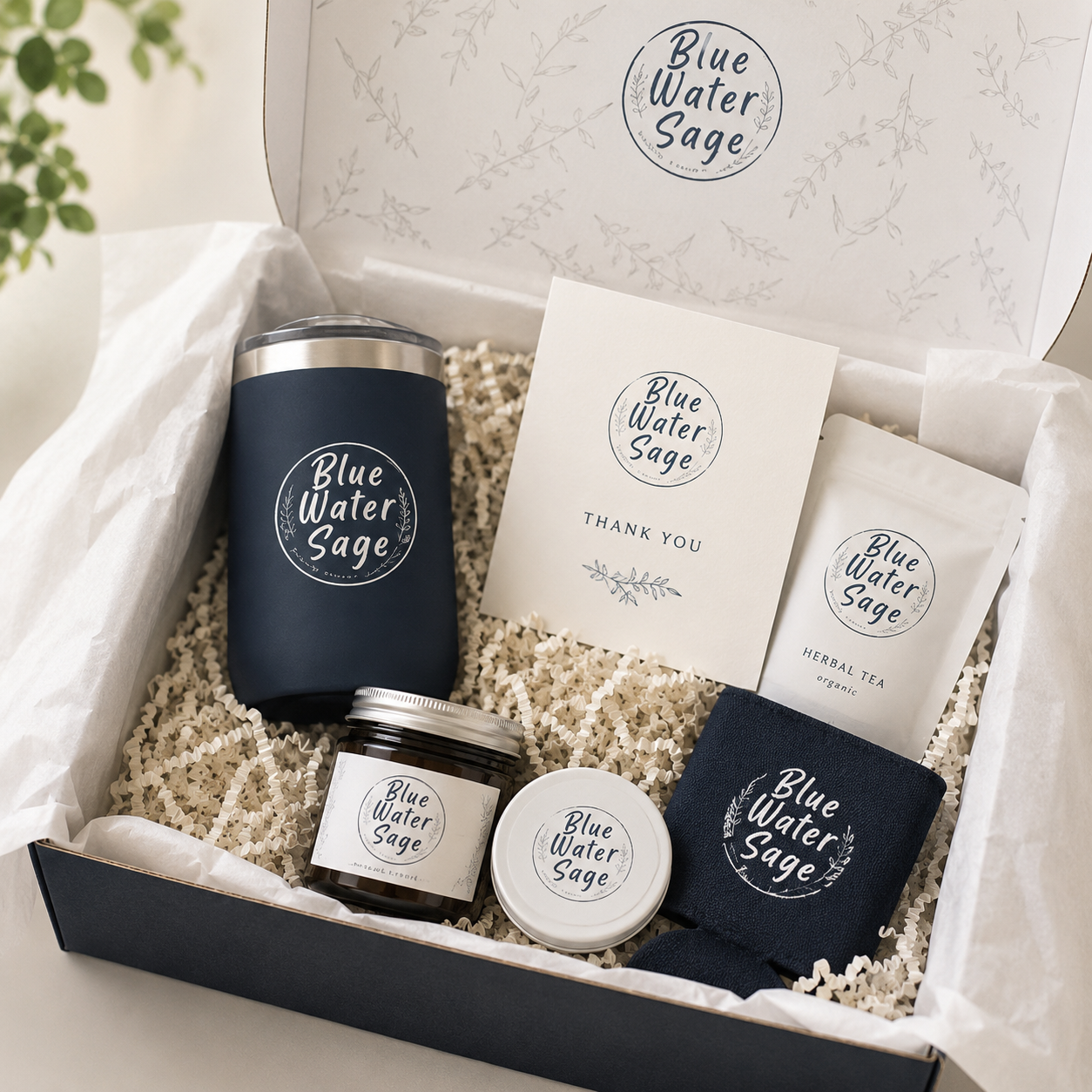 Gift set with 'Blue Water Sage' branding including a tumbler, tea, and other items.