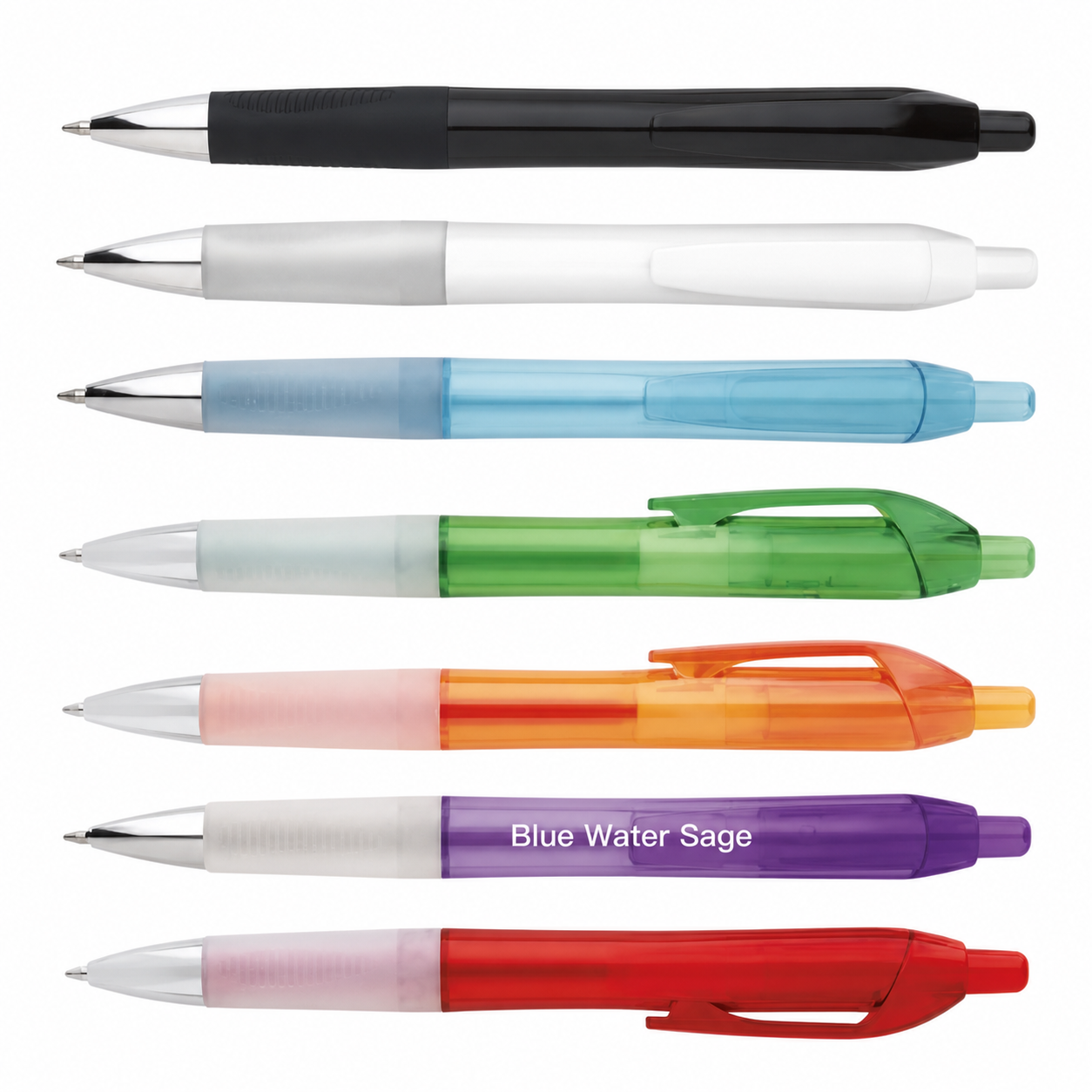 set of 7 colorful gel ink pens on a white background with "Blue Water Sage" custom printed on it