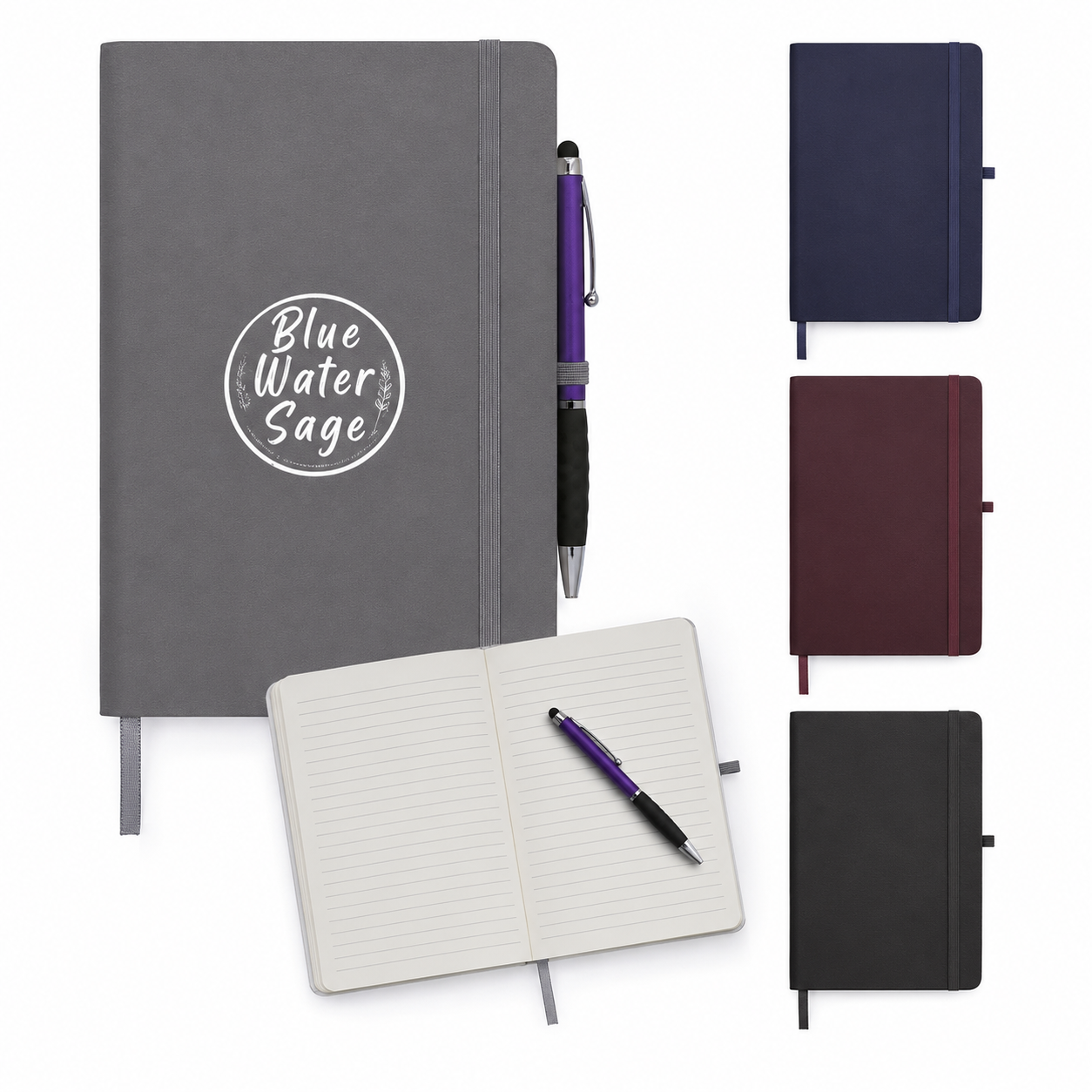 Collection of journals and pens with 'Blue Water Sage' branding on a white background