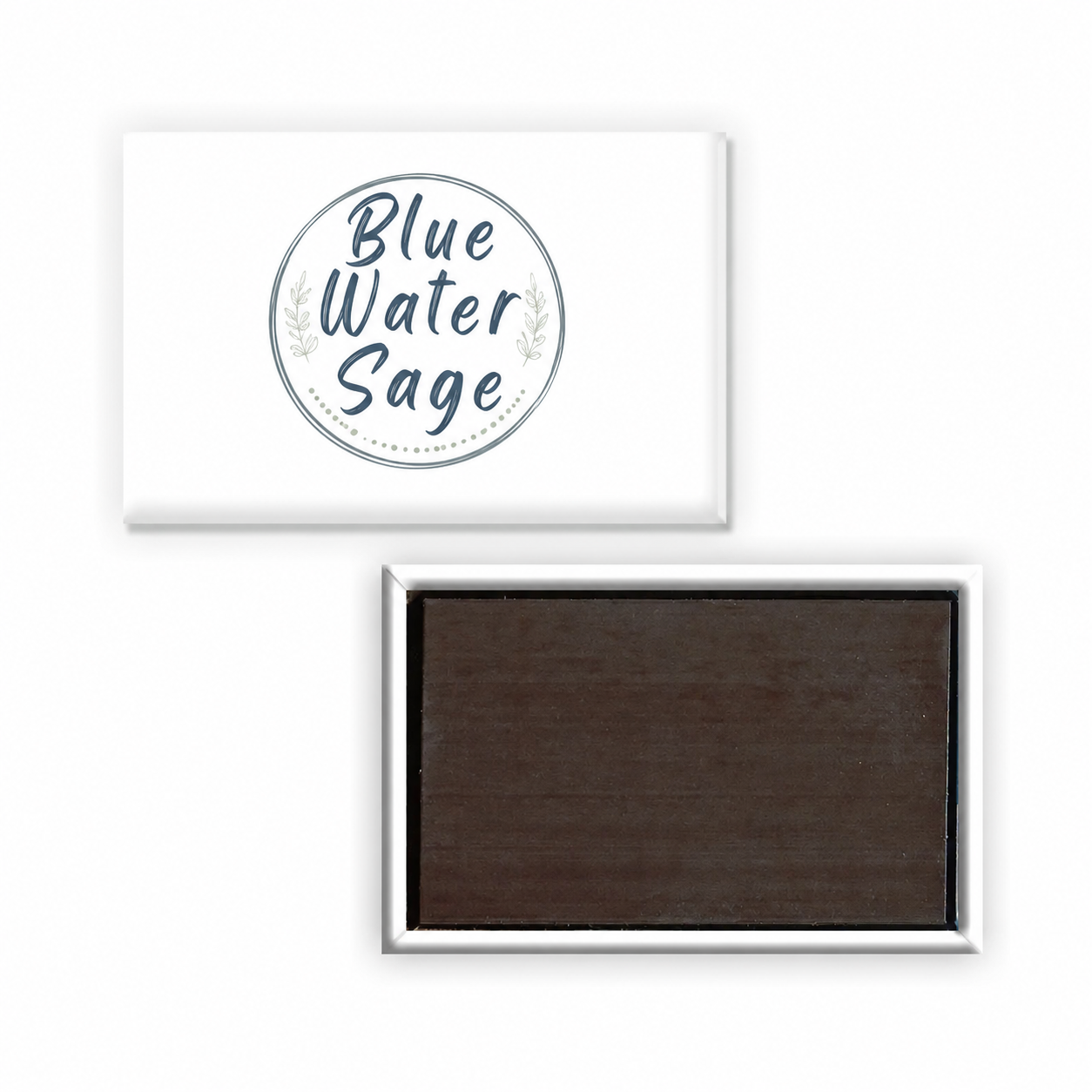  White rectangular magnet with custom logo "Blue Water Sage"  design on top and also shows back view of magnet on a white background