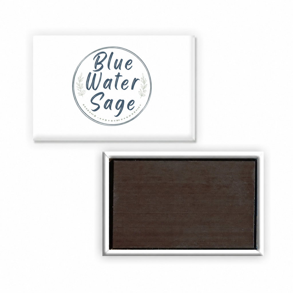  White rectangular magnet with custom logo "Blue Water Sage"  design on top and also shows back view of magnet on a white background