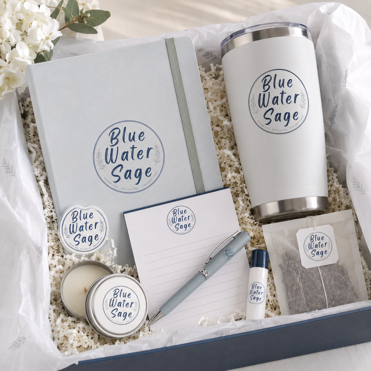 Gift set with 'Blue Water Sage' branding including a tumbler, notebook, pen, and other items.
