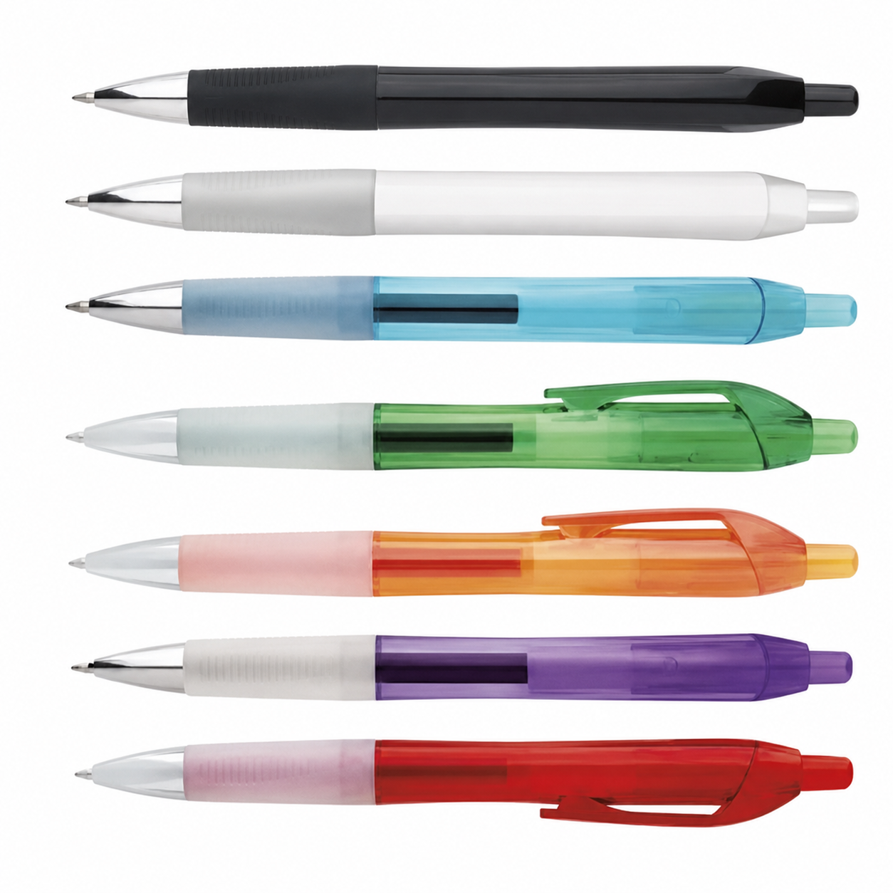 Set of seven multicolored pens on a white background