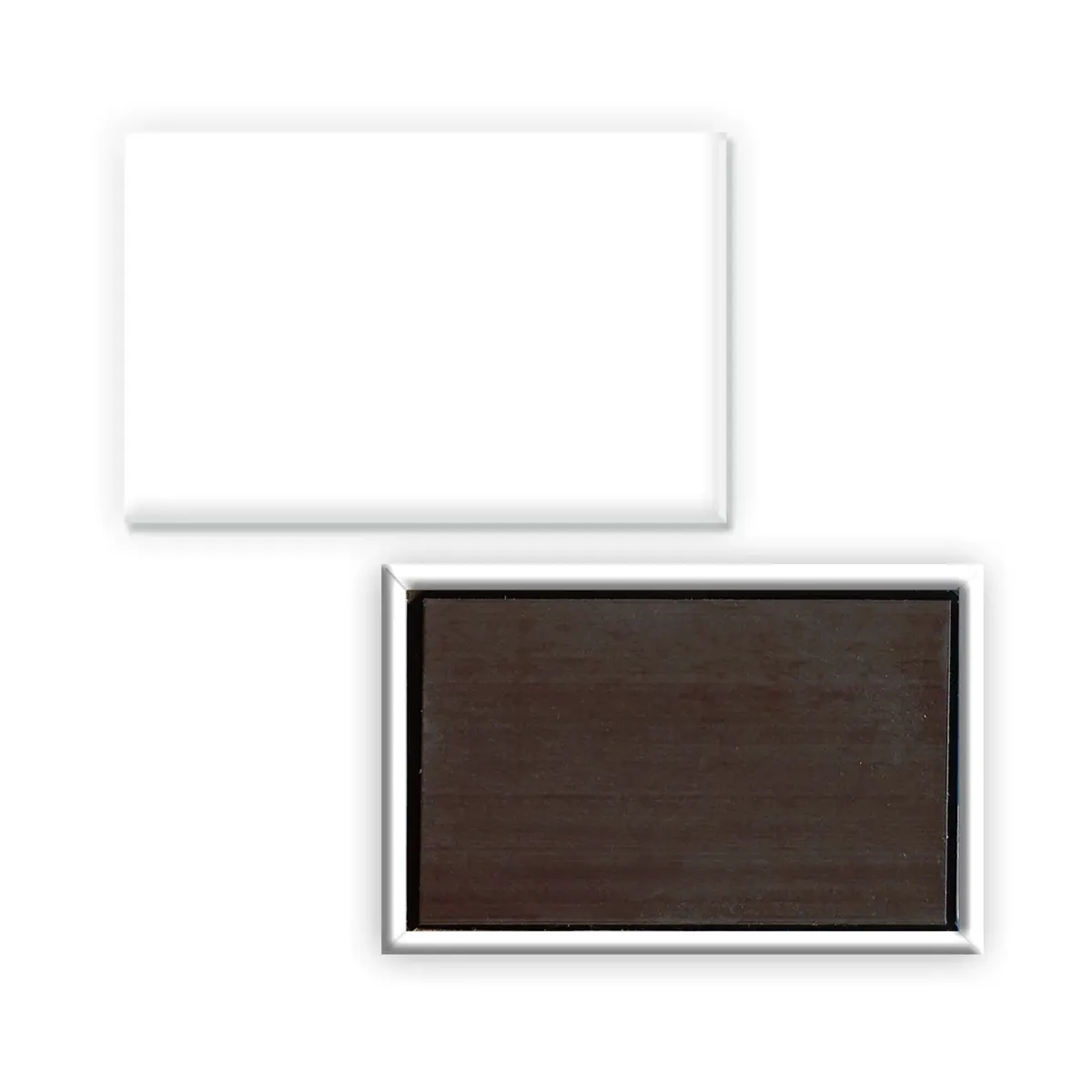 two views of white rectangular magnet showing the front side and back side on a white background