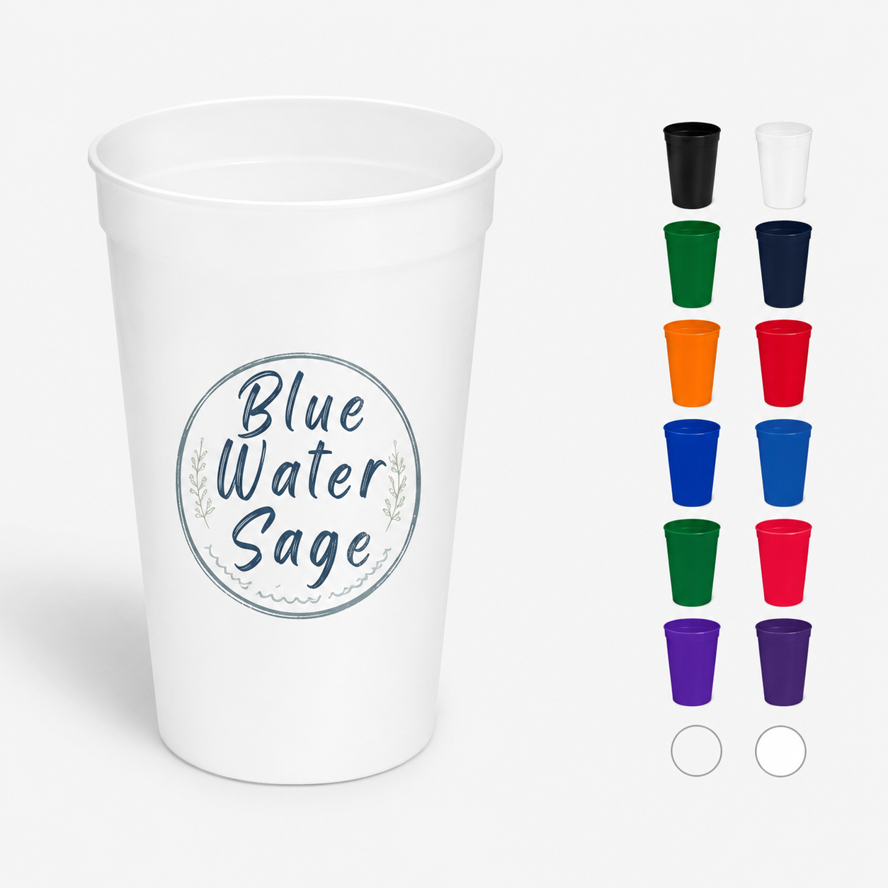 White cup with 'Blue Water Sage' text and small colorful cups on a white background