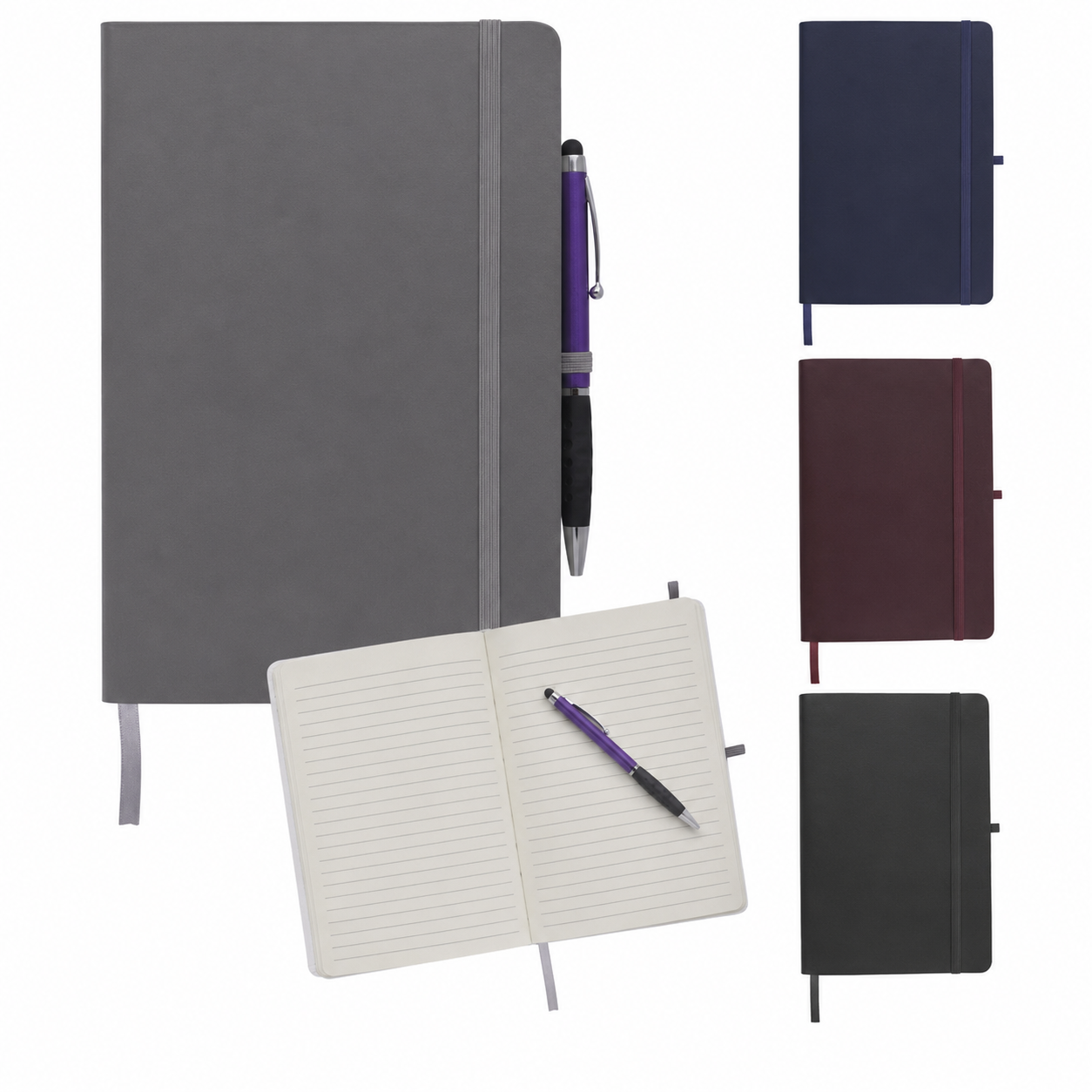 Set of notebooks and pens in various colors on a white background