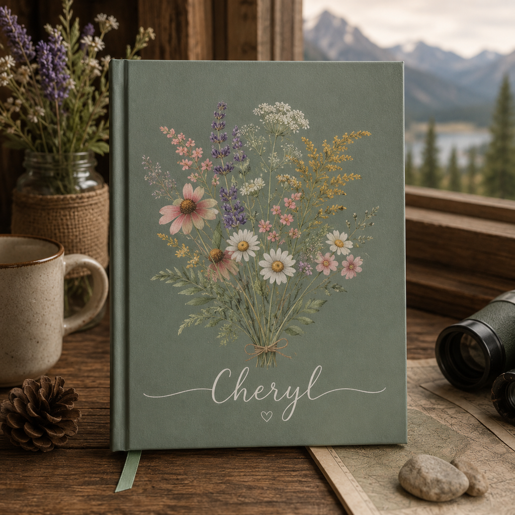 Green journal with floral design and 'Cheryl' on a wooden surface with a mountain view.