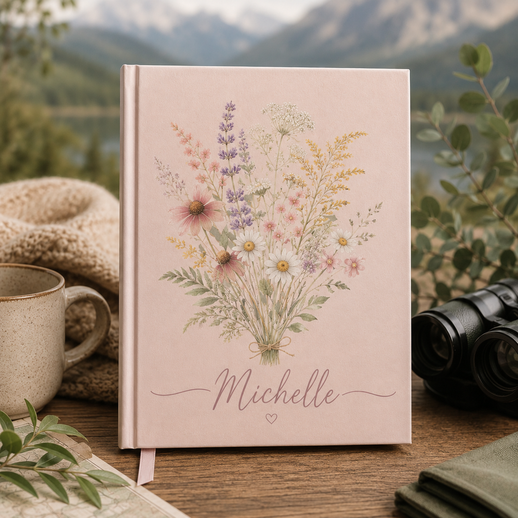  Pink journal with floral design and 'Michelle' on a wooden surface with a mountainous background