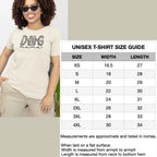 T-shirt size chart showing width and length for each size of shirt from XS to 4XL