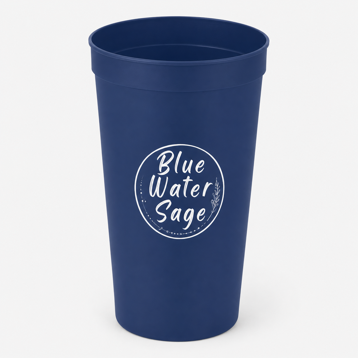 Navy blue cup with 'Blue Water Sage' text on a white background