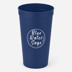 Navy blue cup with 'Blue Water Sage' text on a white background