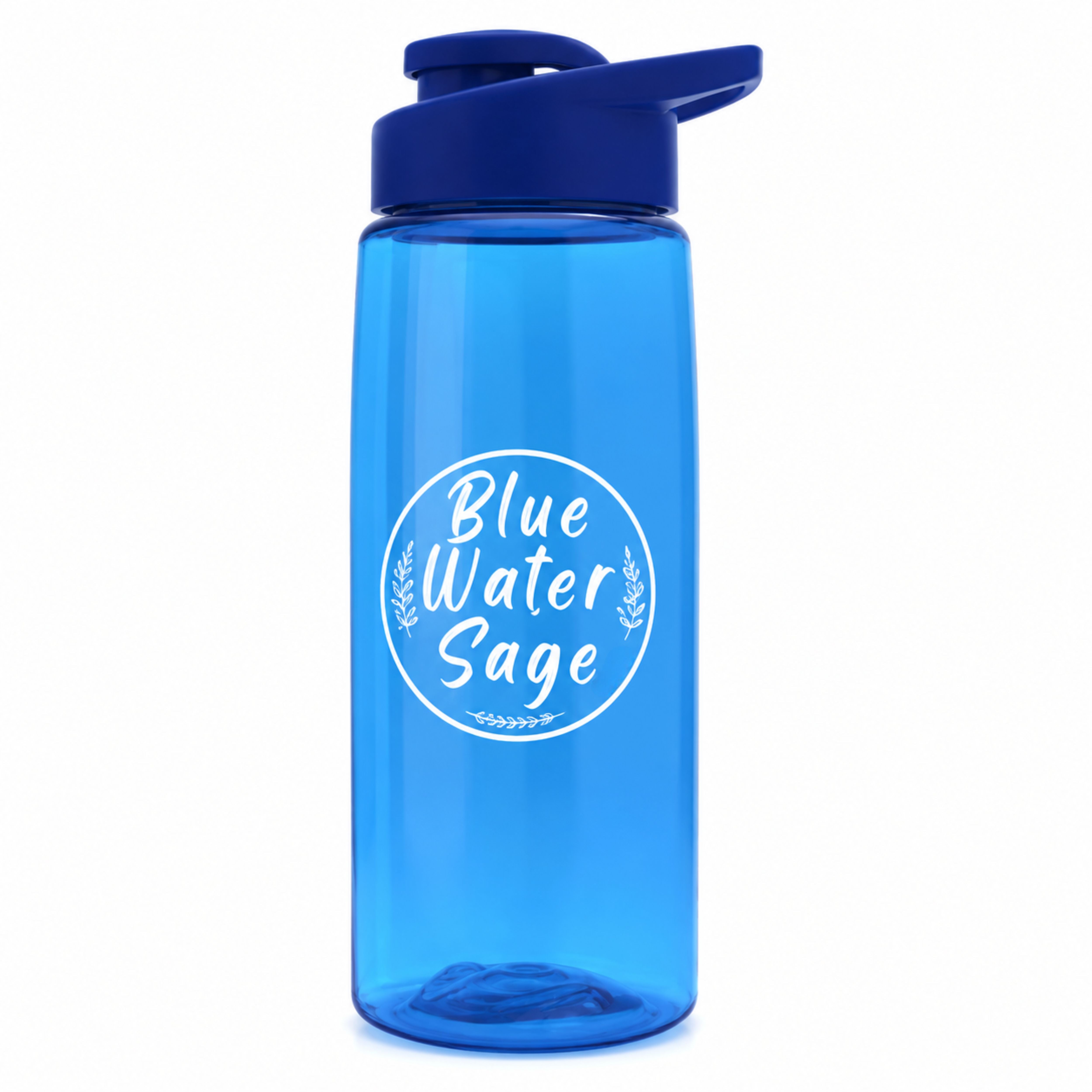 Blue water bottle with 'Blue Water Sage' text on a white background