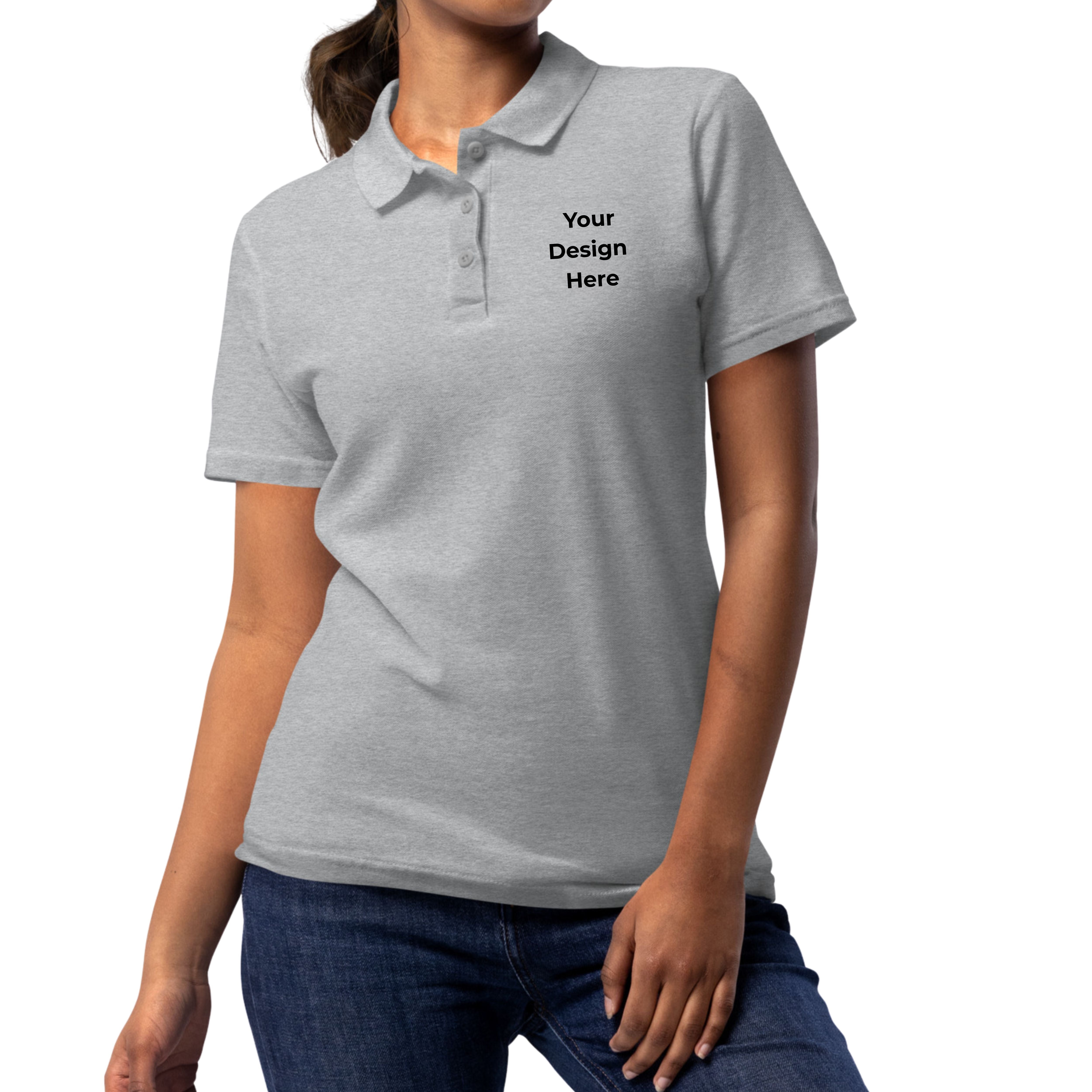 Gray polo shirt with 'Your Design Here' text on a white background