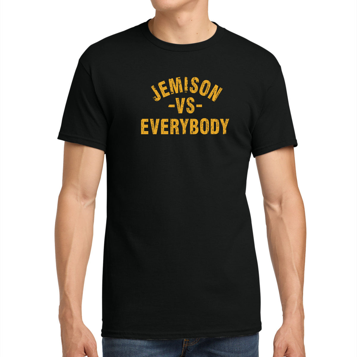 Jemison vs Everybody tee in black with gold print