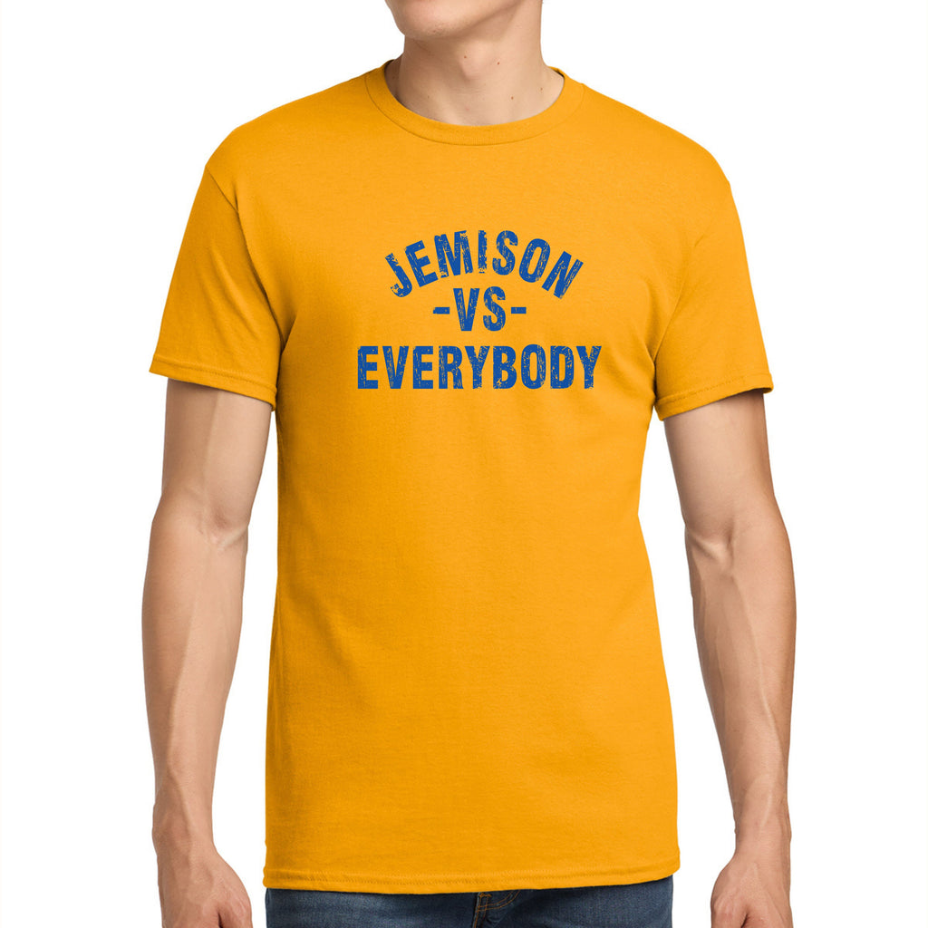 Model wearing gold Jemison vs Everybody tee