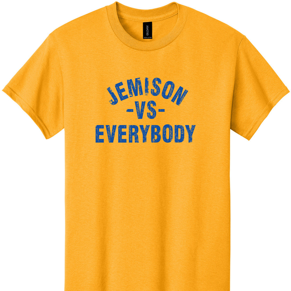 Jemison vs Everybody tee in gold with royal blue print