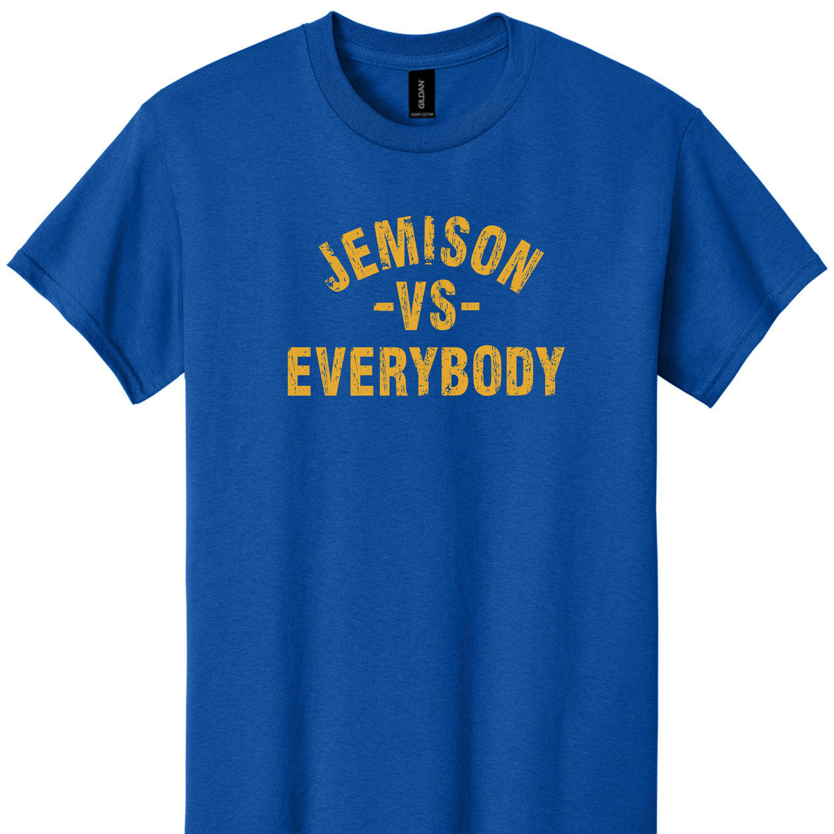 Jemison vs Everybody tee in royal blue with gold print