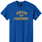Jemison vs Everybody tee in royal blue with gold print