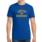 Model wearing royal blue Jemison vs Everybody tee