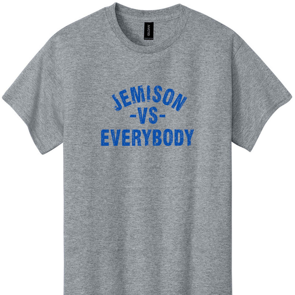 Jemison vs Everybody tee in sport grey with royal blue print