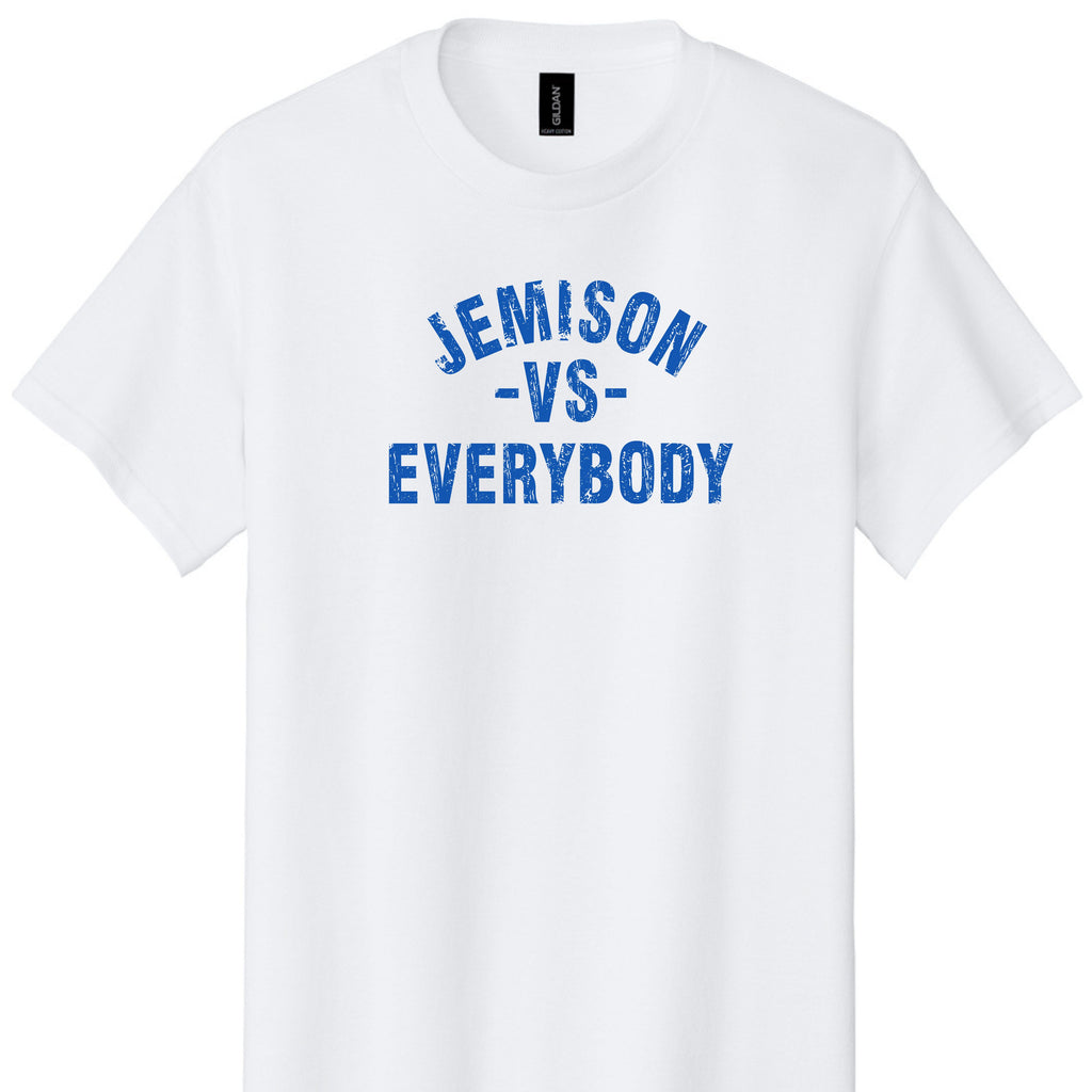 Jemison vs Everybody tee in white with royal blue print