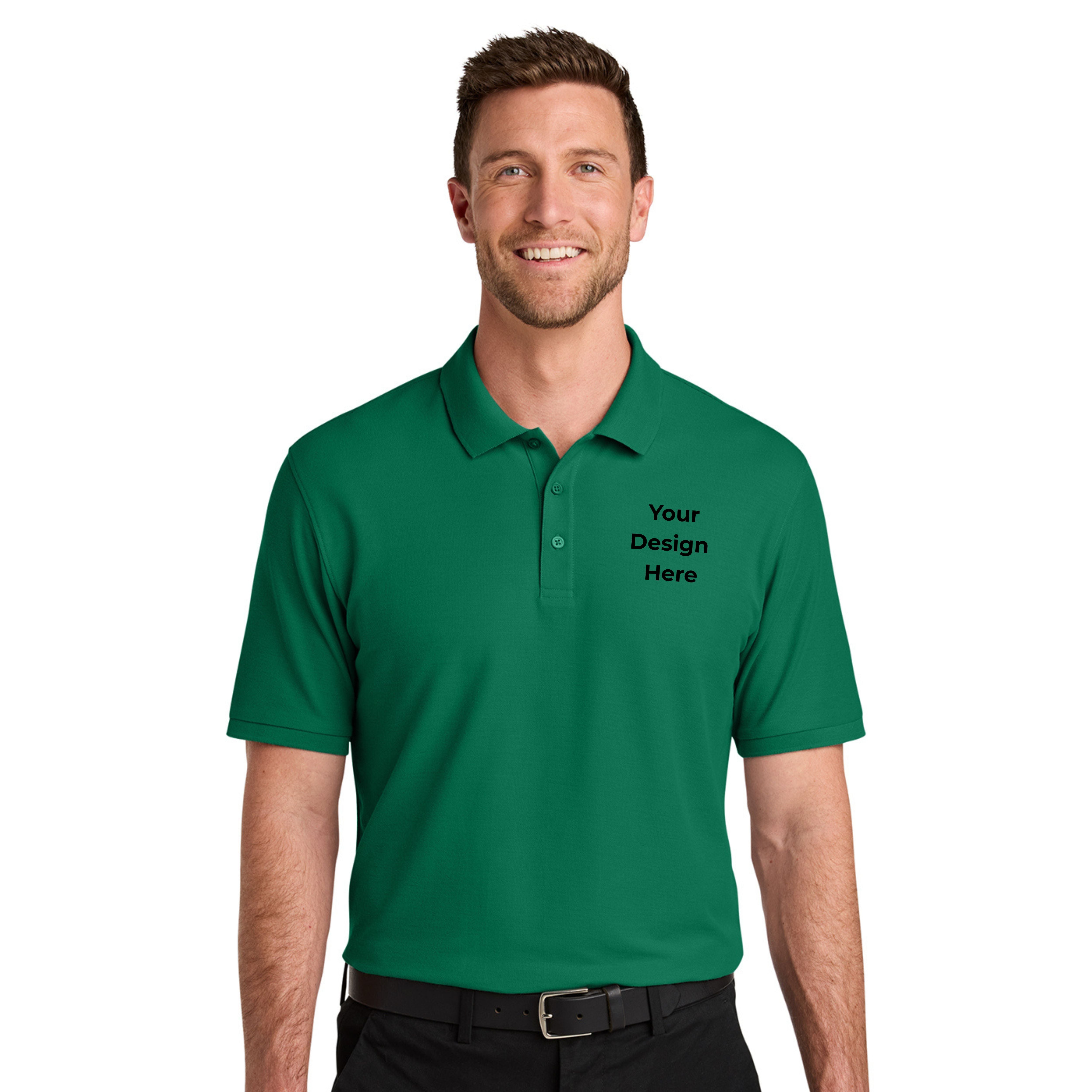 Man wearing a green polo shirt with customizable text on a white background