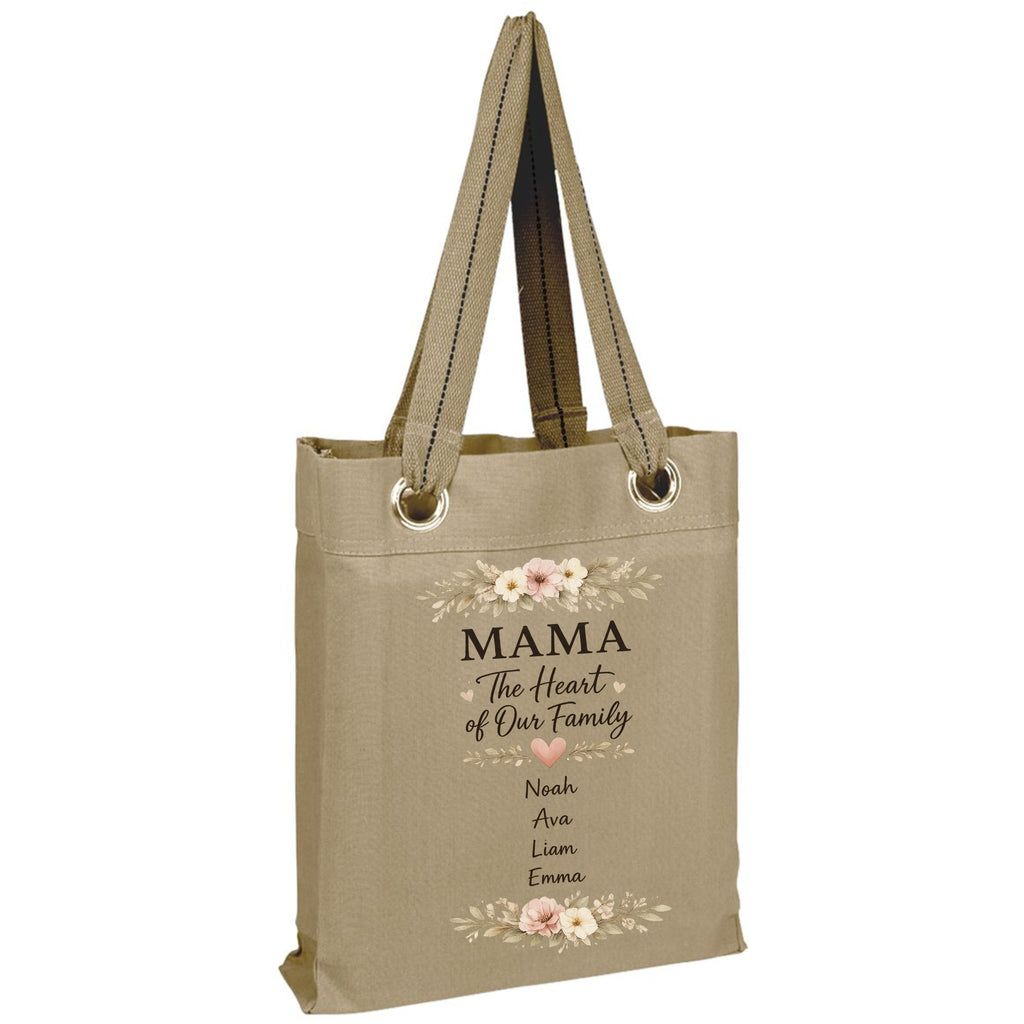 Beige tote bag with floral designs and text "MAMA The Heart of Our Family" and Kids names on a white background