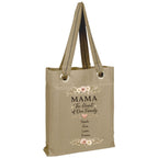 Beige tote bag with floral designs and text "MAMA The Heart of Our Family" and Kids names on a white background