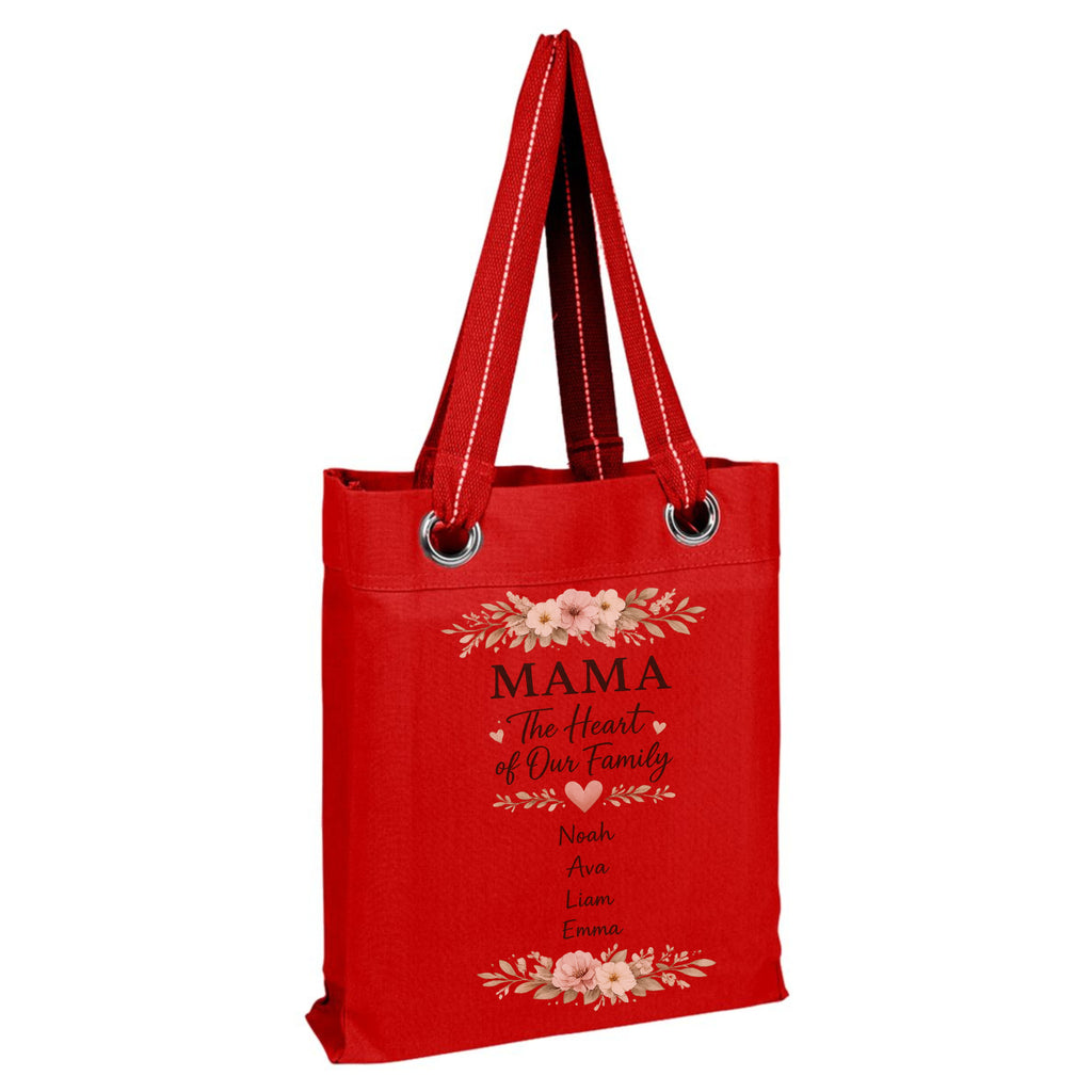 Red tote bag with floral design and text "MAMA The Heart of Our Family" and kids names on a white background
