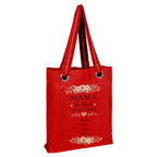Red tote bag with floral design and text "MAMA The Heart of Our Family" and kids names on a white background