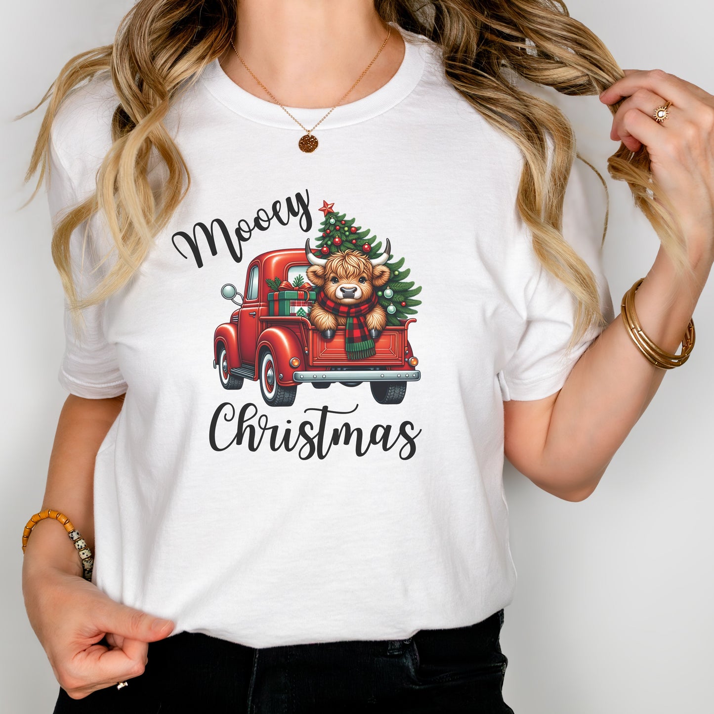 Mooey Christmas Shirt Highland Cow Tee Christmas Cow Shirt Red Truck Shirt Vintage Christmas Shirt